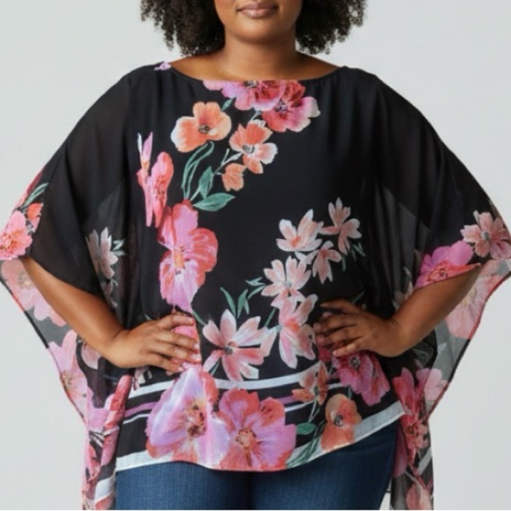 Avenue Plus‎ Size Black Pink 18/20 Poncho Blouse Floral Layered Top Tank Lining